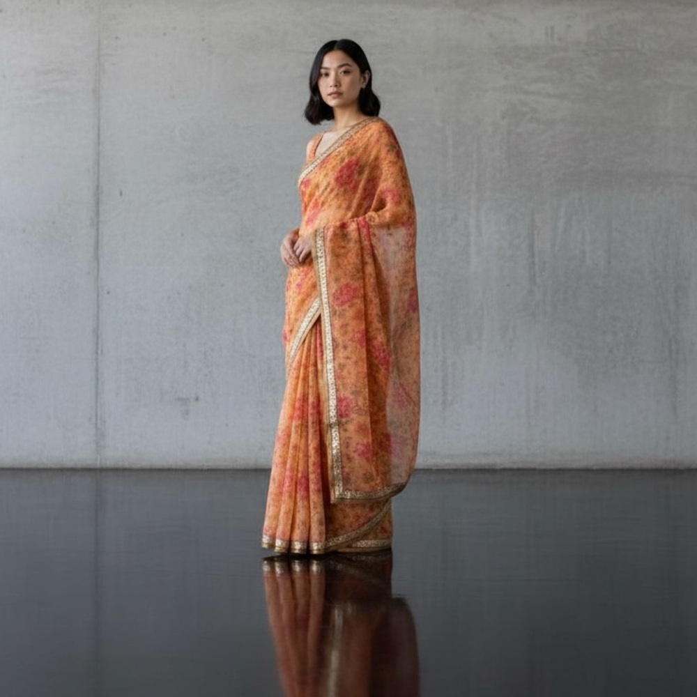 Nwots Floral Peach & Red Saree Fabric